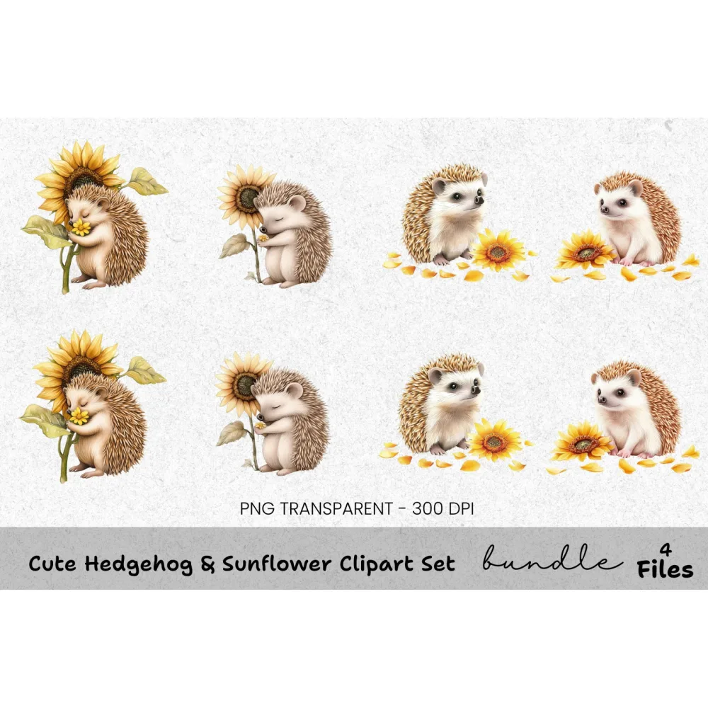 Cute Hedgehog Sunflower Clipart Bundle