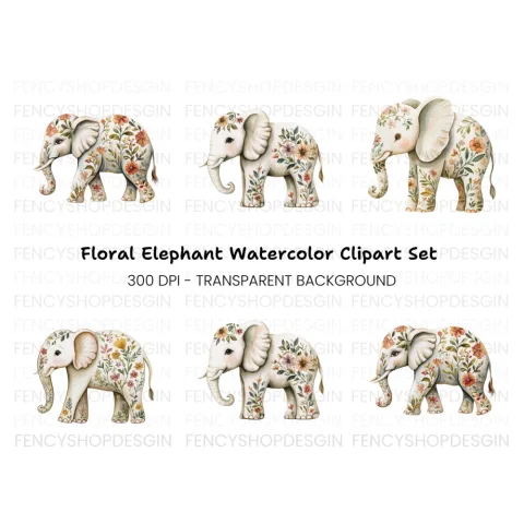 Floral Elephant Clipart Bundle
