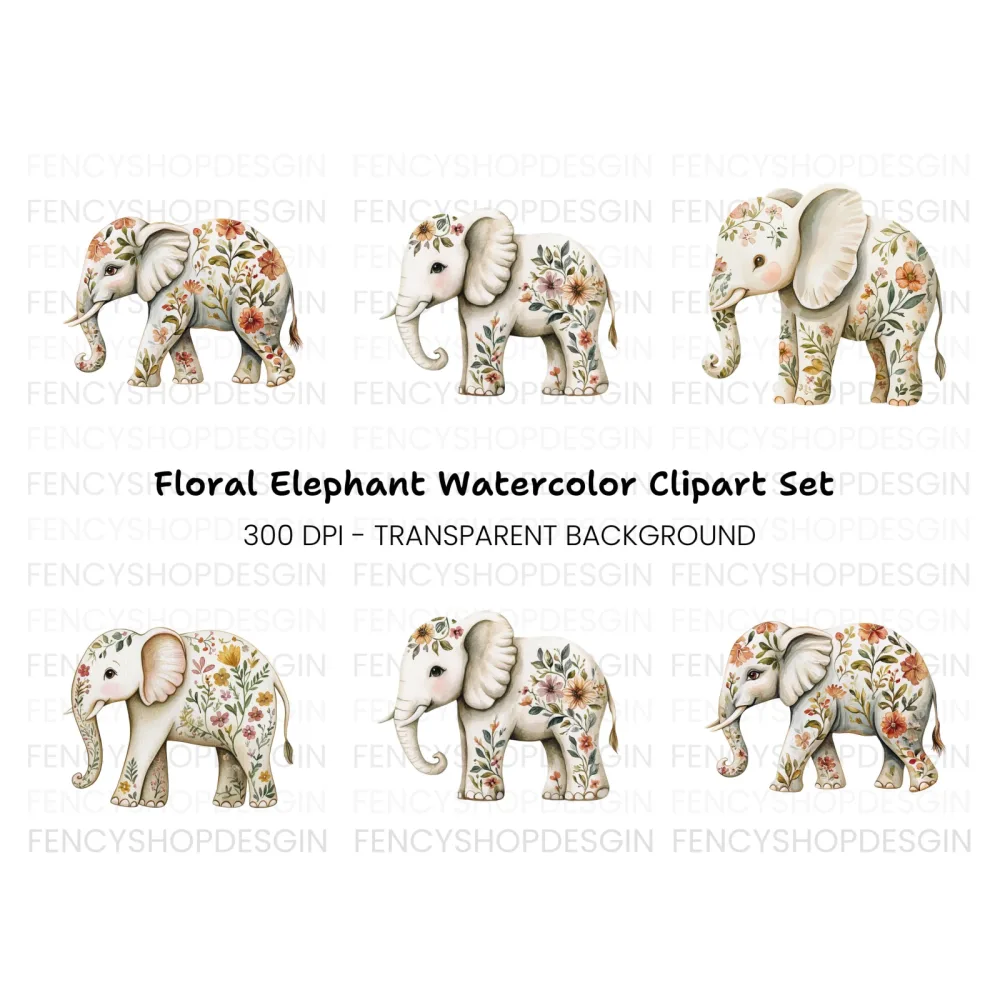 Floral Elephant Clipart Bundle
