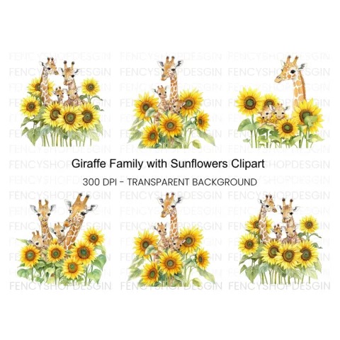 Giraffe Family with Sunflowers Clipart Bundle