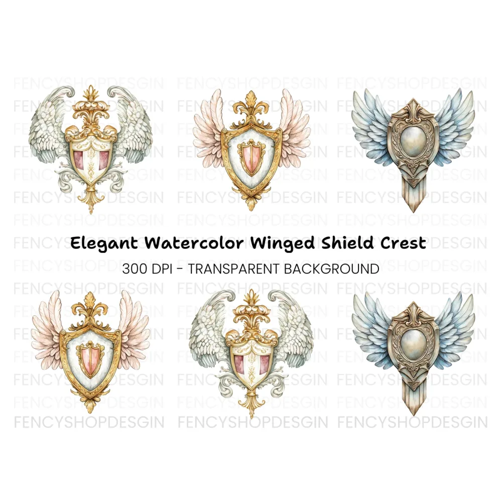 Elegant Winged Shields Clipart Bundle