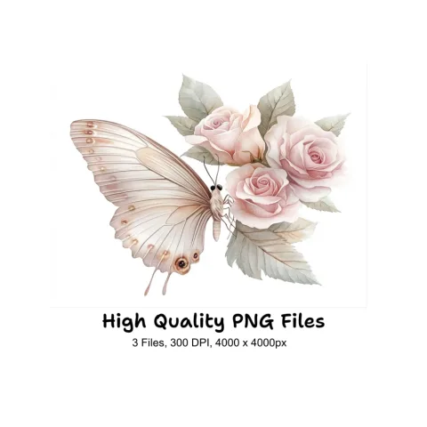 Elegant Butterfly Blush Rose Clipart Bundle