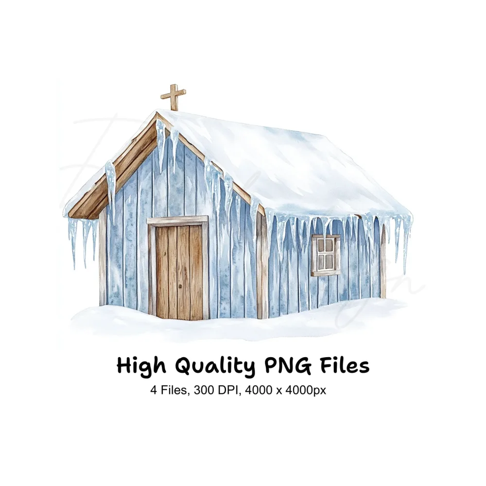 Snowy Rustic Cabins and Churches Clipart Bundle