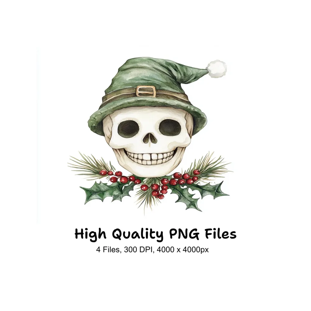Elf Skulls with Holly Berries Clipart Bundle