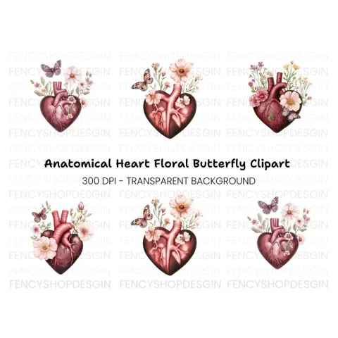 Floral Anatomical Heart Clipart Bundle