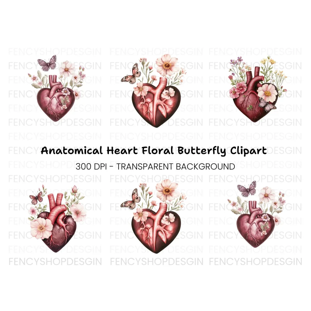 Floral Anatomical Heart Clipart Bundle