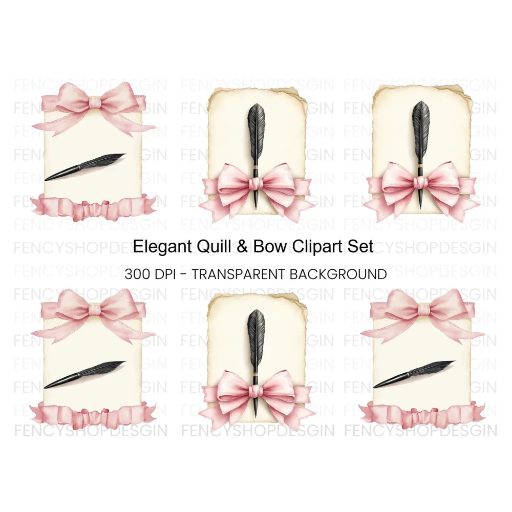 Elegant Quill and Pink Bow Clipart Bundle
