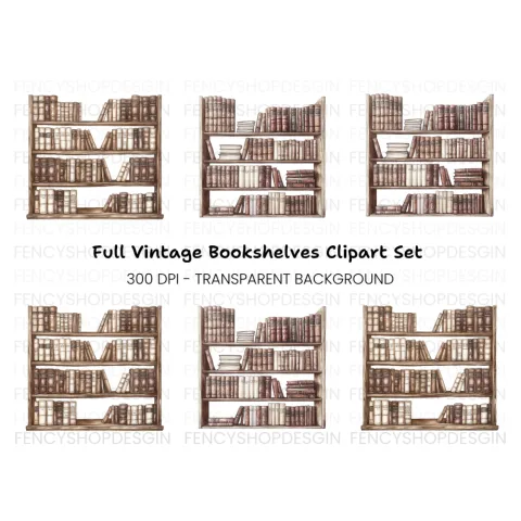 Vintage Bookshelf Clipart Bundle