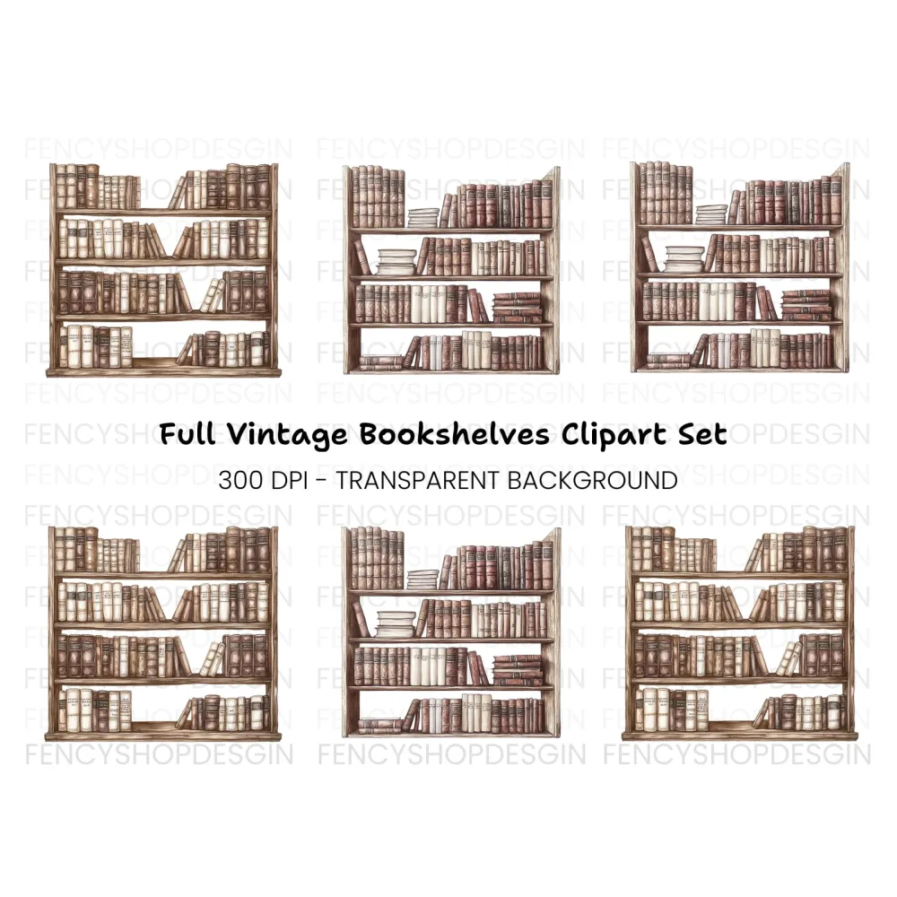 Vintage Bookshelf Clipart Bundle