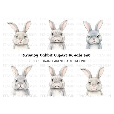 Grumpy Rabbit Faces Clipart Bundle