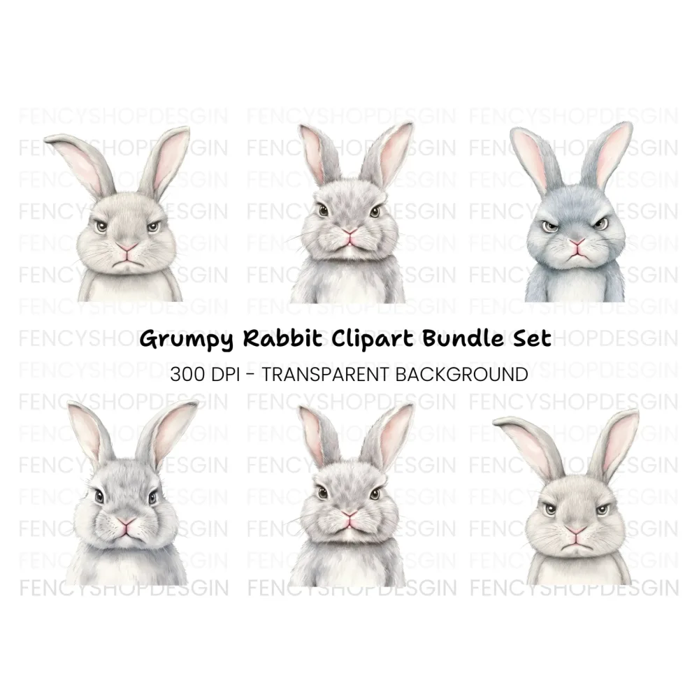 Grumpy Rabbit Faces Clipart Bundle
