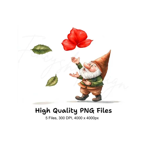 Gnome with Falling Rose Petals Clipart Bundle
