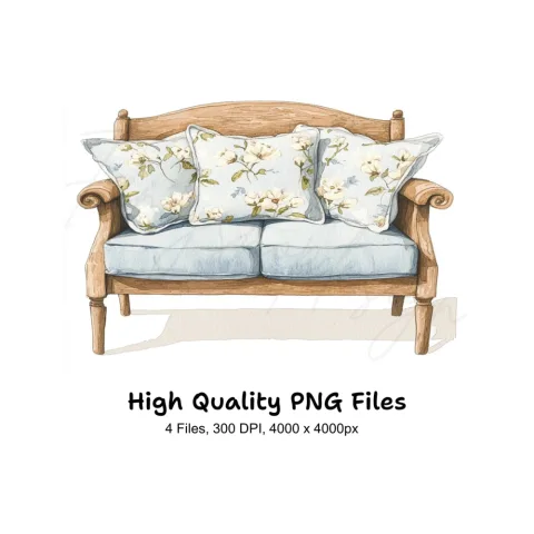 Elegant Blue Floral Sofa Clipart Bundle
