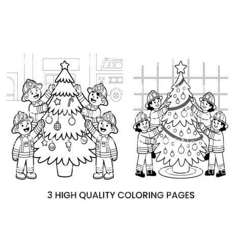 Firefighters Decorating Christmas Tree Coloring Books