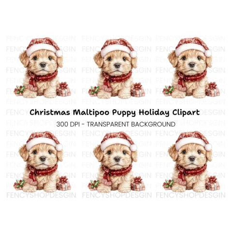 Cute Puppy in Santa Hat Clipart Bundle