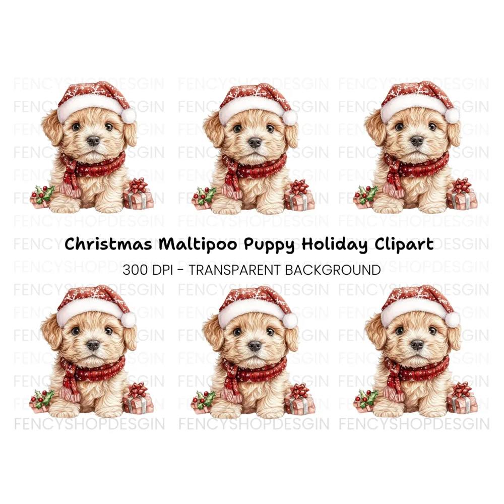 Cute Puppy in Santa Hat Clipart Bundle