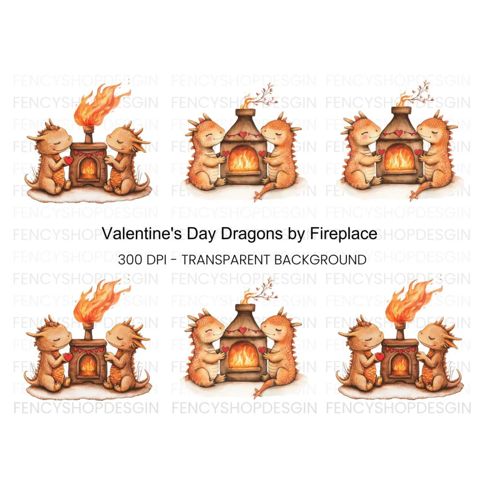 Valentine Dragons by Fireplace Clipart Bundle