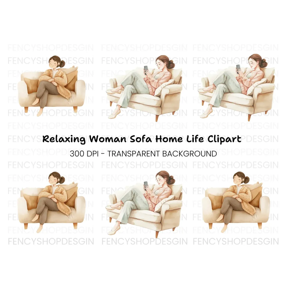 Cozy Women on Sofa Clipart Bundle