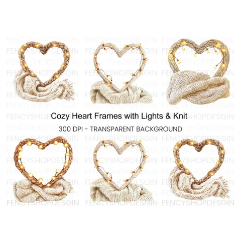 Cozy Heart Frames with Fairy Lights Clipart Bundle