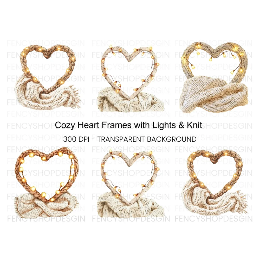 Cozy Heart Frames with Fairy Lights Clipart Bundle