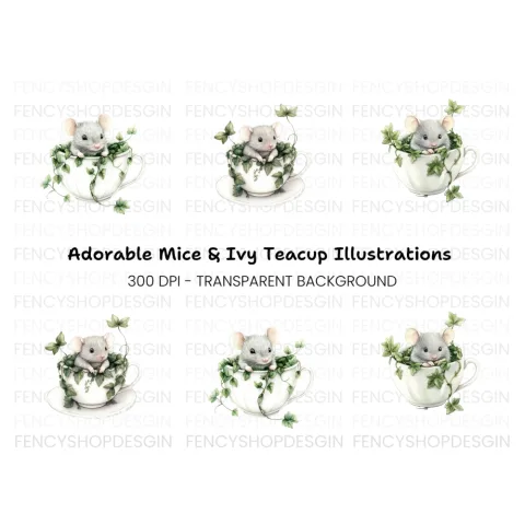 Cute Mice in Teacups Clipart Bundle