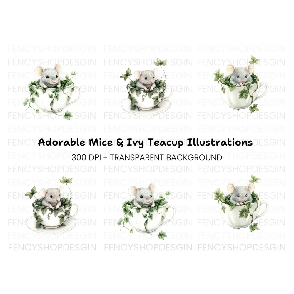 Cute Mice in Teacups Clipart Bundle