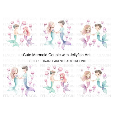 Adorable Mermaid Couple with Jellyfish Clipart Bundle