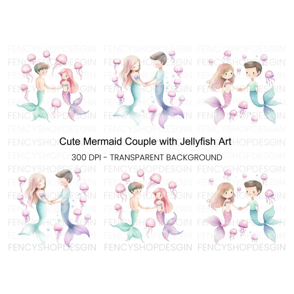 Adorable Mermaid Couple with Jellyfish Clipart Bundle