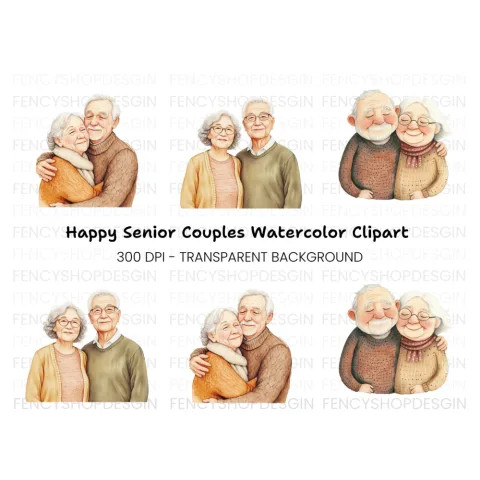 Happy Senior Couples Hugging Clipart Bundle
