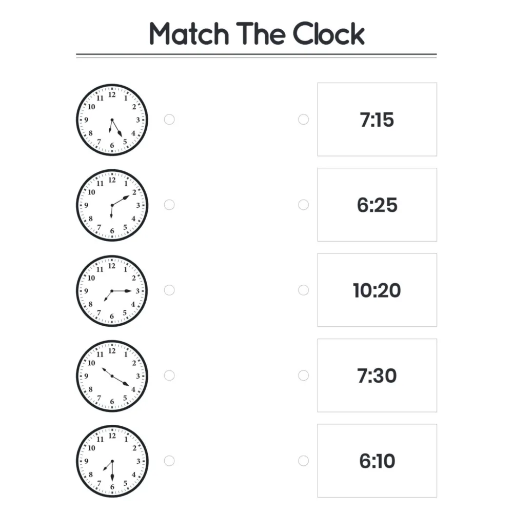 Match the Clock Time Worksheets for Kindergarten
