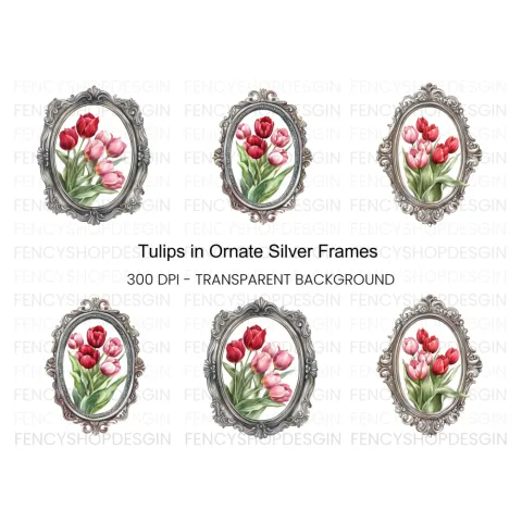Vintage Tulip Bouquet Frame Clipart Bundle