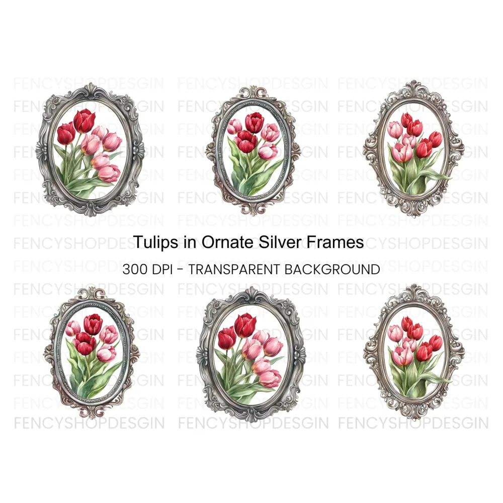 Vintage Tulip Bouquet Frame Clipart Bundle