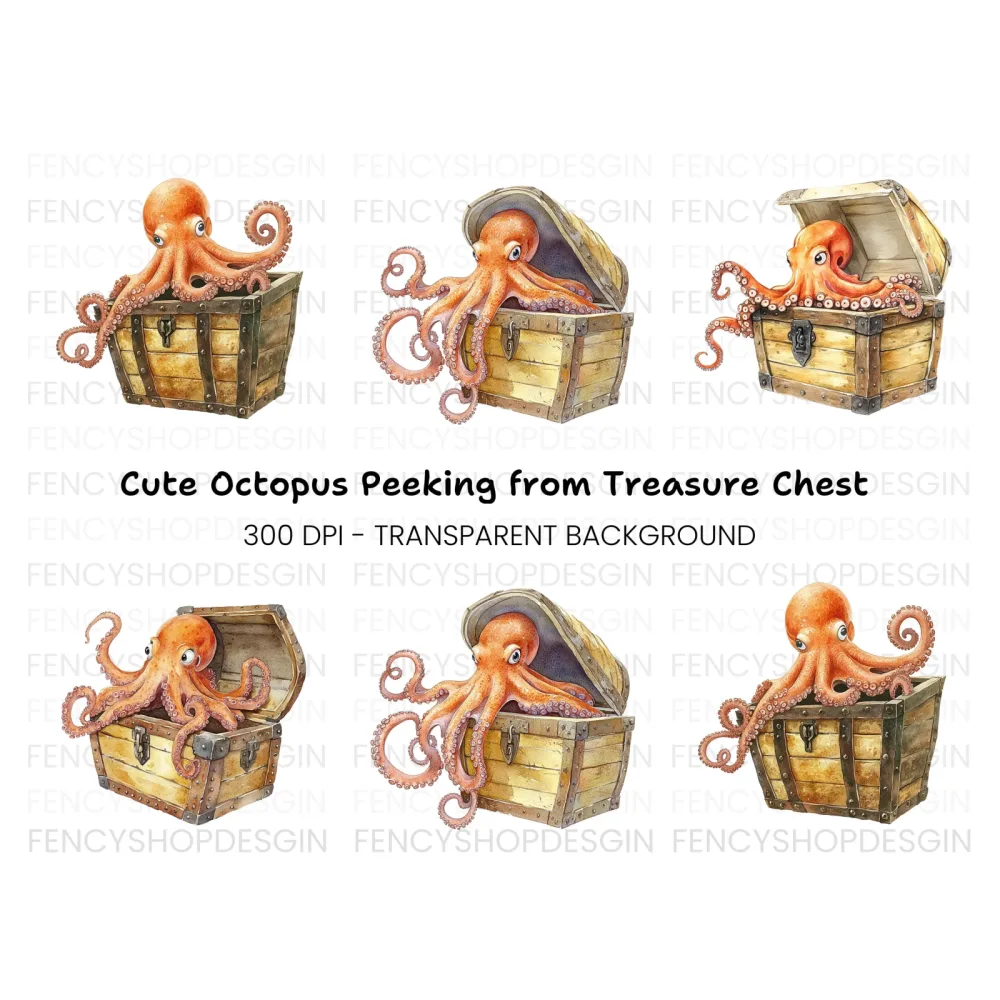 Cute Octopus in Treasure Chest Clipart Bundle