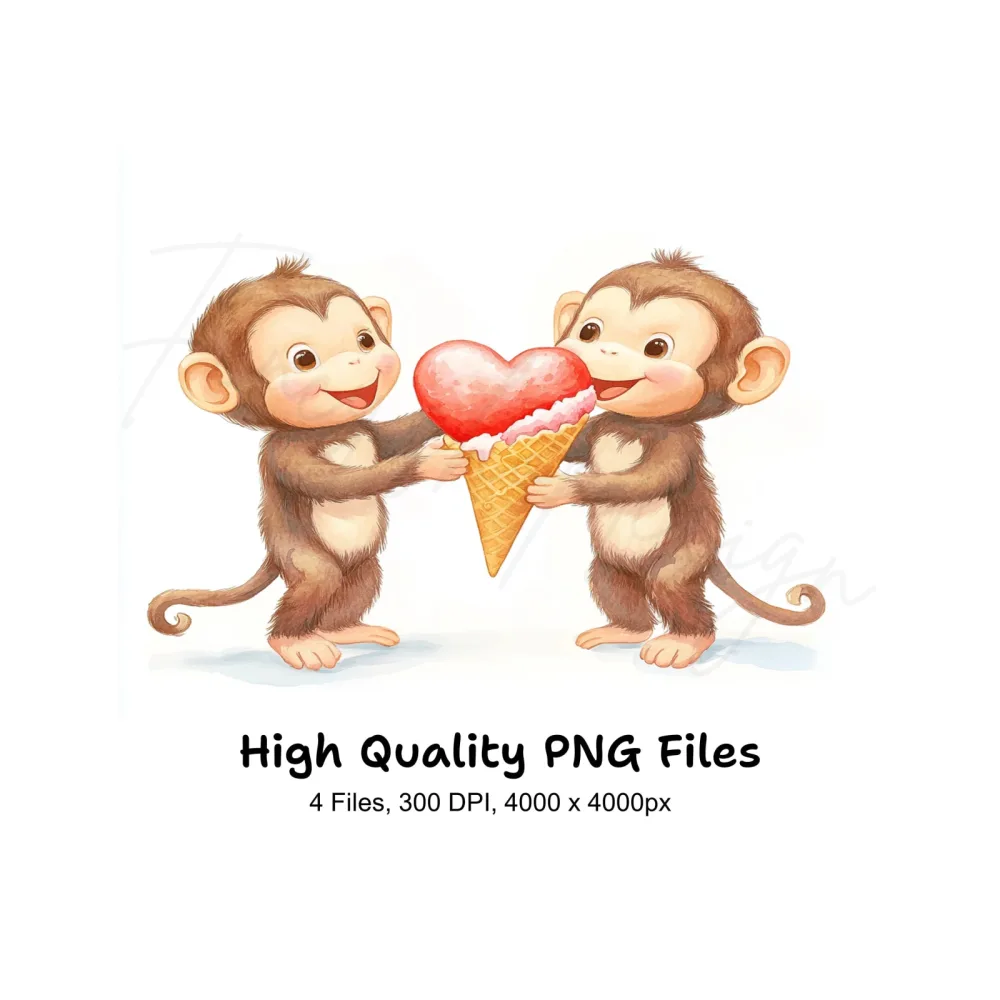 Cute Monkeys Sharing Heart Ice Cream Clipart Bundle