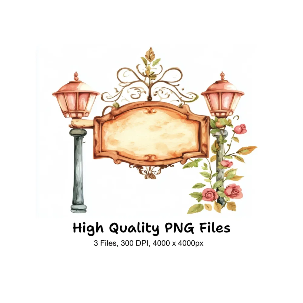 Vintage Shop Signs and Lamp Posts Clipart Bundle