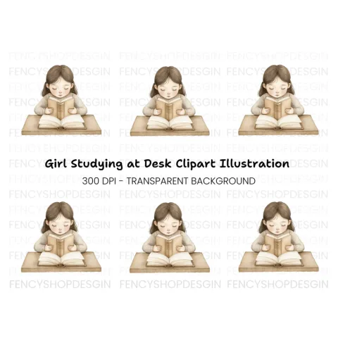 Girl Studying at Desk Clipart Bundle