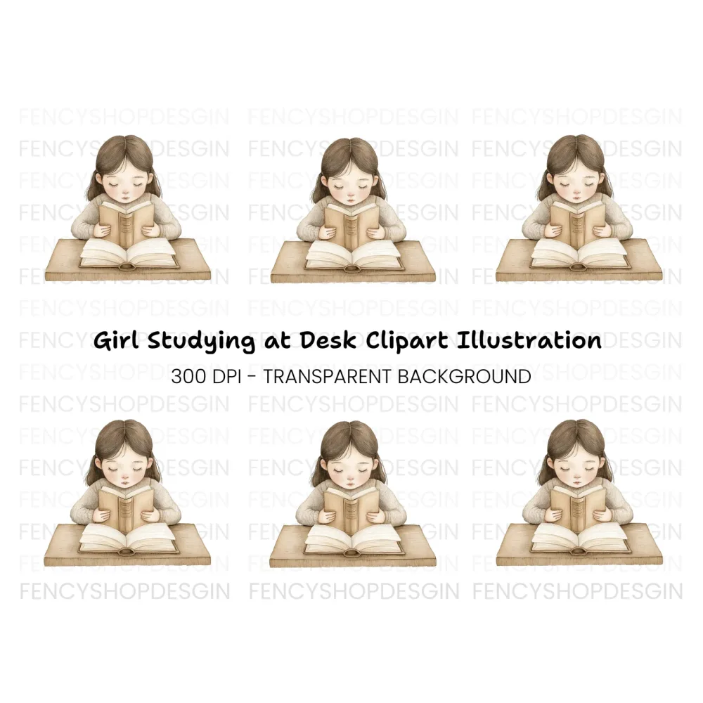 Girl Studying at Desk Clipart Bundle