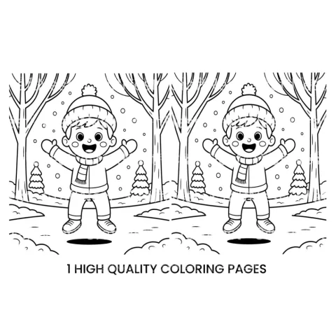 Happy Boy in Winter Forest Coloring Books