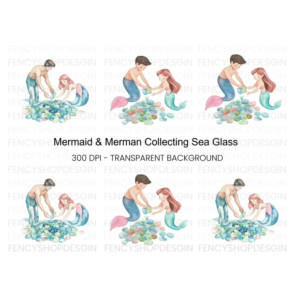 Mermaid and Merman Collecting Gems Clipart Bundle