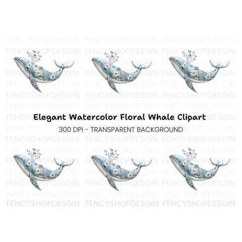 Elegant Blue Floral Whale Clipart Bundle