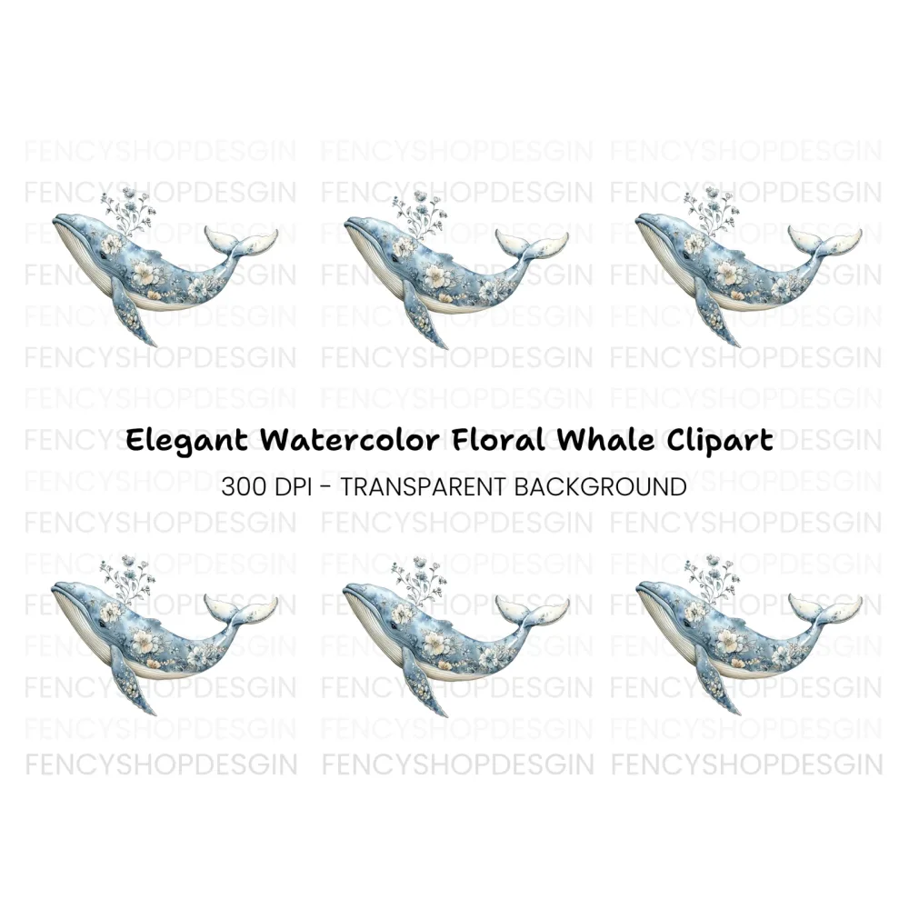 Elegant Blue Floral Whale Clipart Bundle