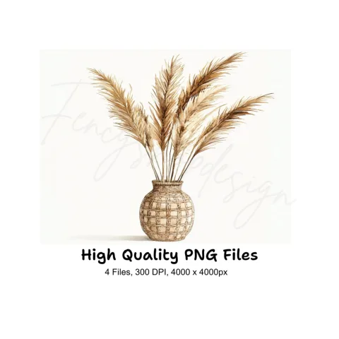Pampas Grass in Woven Vases Clipart Bundle