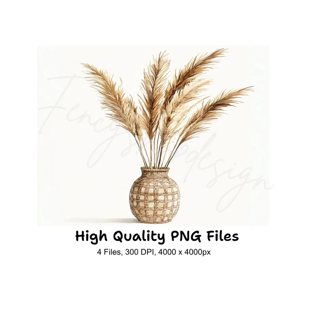 Pampas Grass in Woven Vases Clipart Bundle