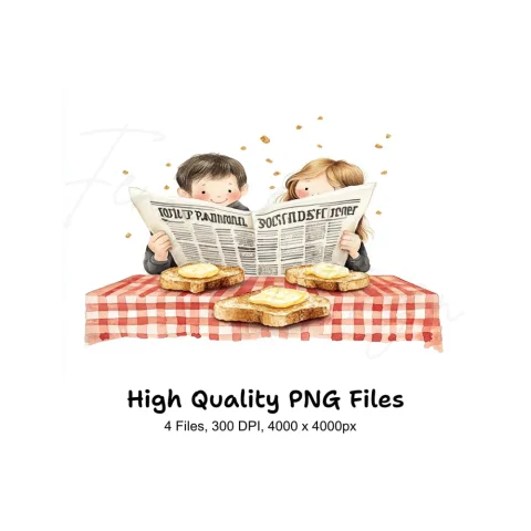 Couple Reading Newspaper Breakfast Clipart Bundle