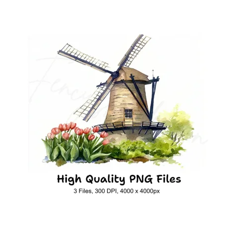 Windmill with Pink Tulips Clipart Bundle