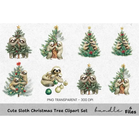 Christmas Sloth Family Clipart Bundle
