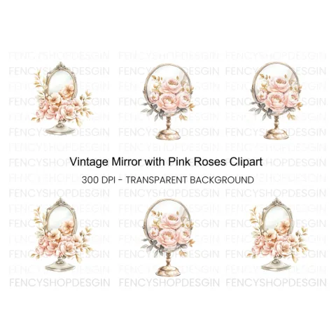 Vintage Mirror with Pink Roses Clipart Bundle