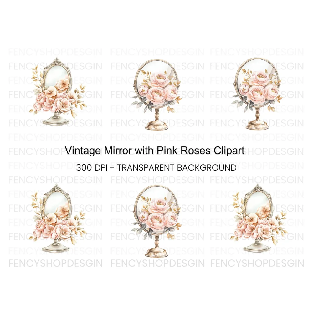 Vintage Mirror with Pink Roses Clipart Bundle
