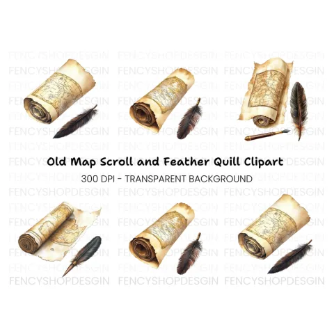 Vintage Scroll Maps & Quill Pen Clipart Bundle