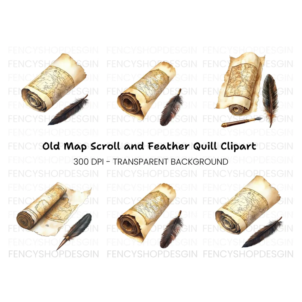 Vintage Scroll Maps & Quill Pen Clipart Bundle